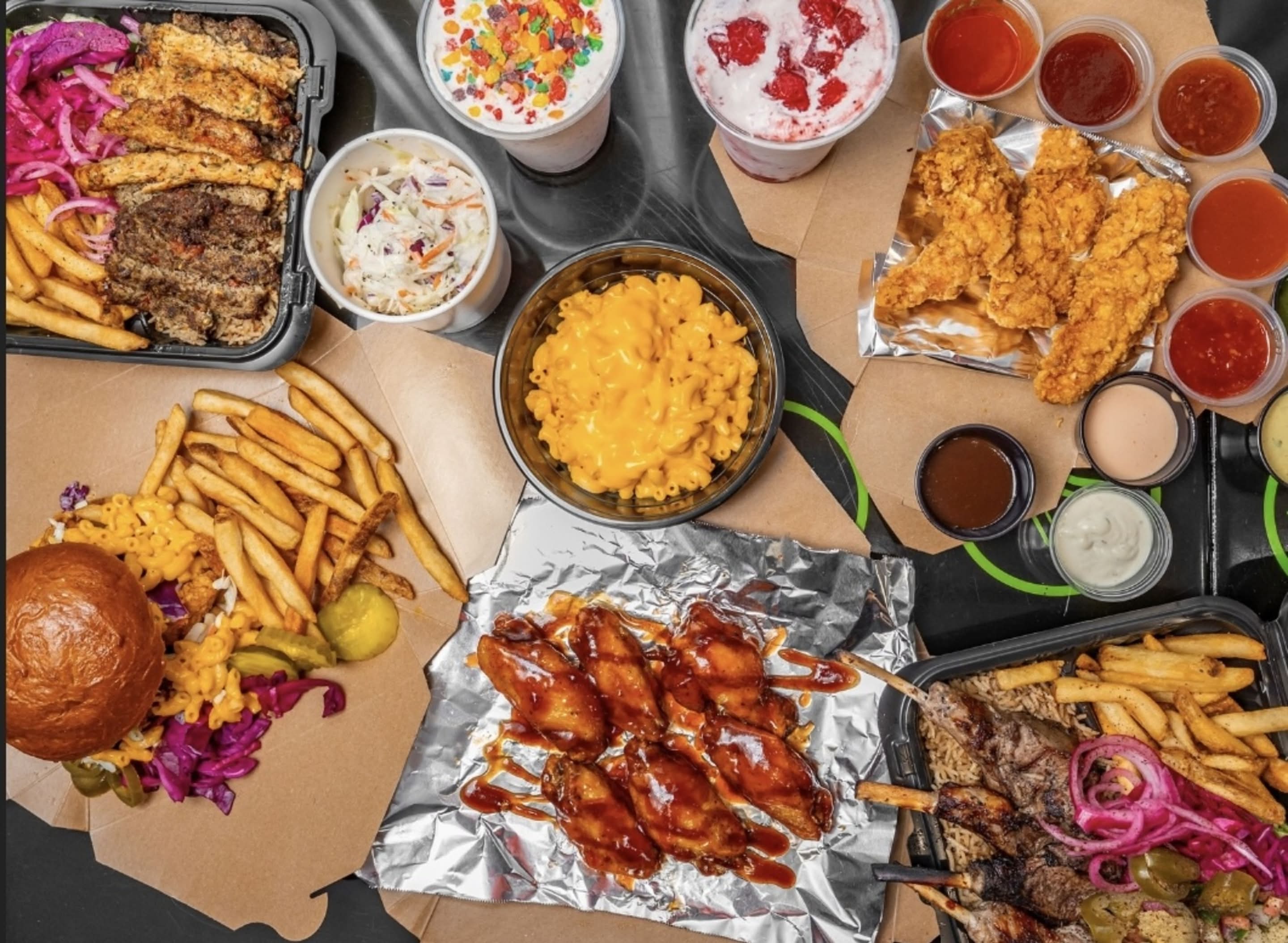Chapli kebab platters, burgers, wings, and fries at Chicken-N-Chapli